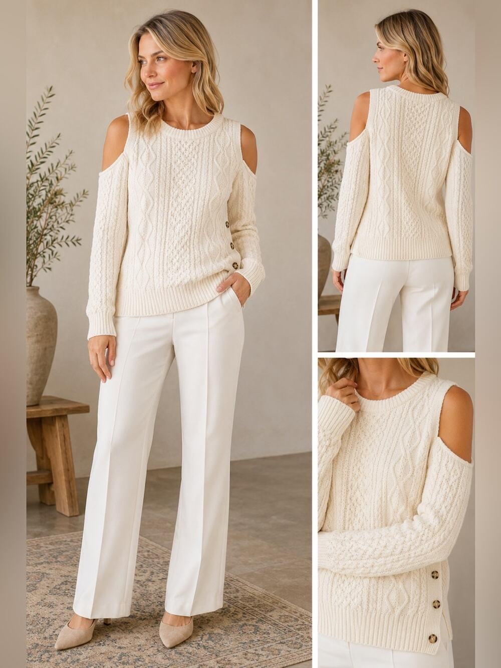 Anthropologie Pilcro Cable Knit Cold Shoulder Sweater Ivory Cream Size Small